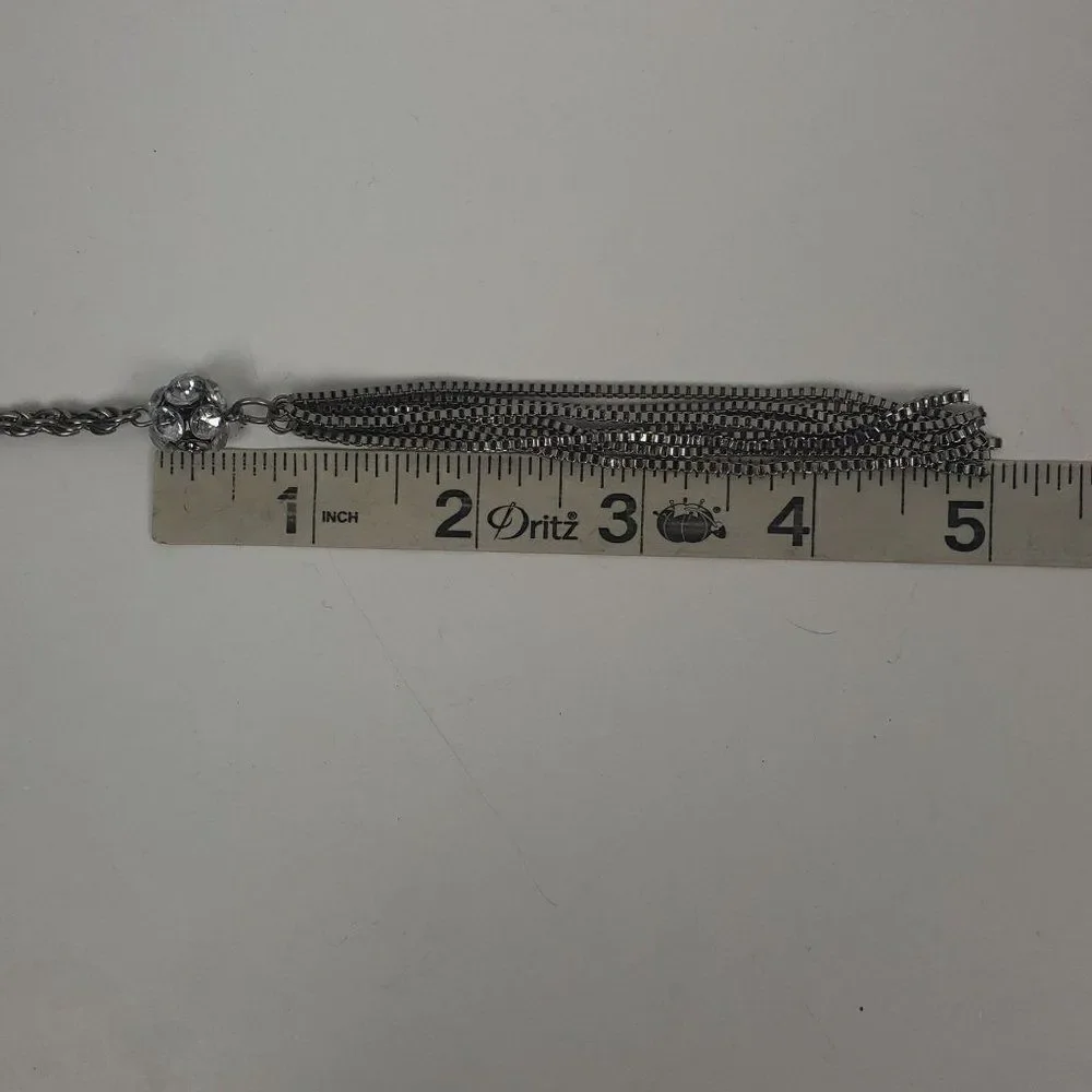 Vintage Silver Tone Rope Chain Box Tassel Round Clear Ball Lariat Opera Necklace